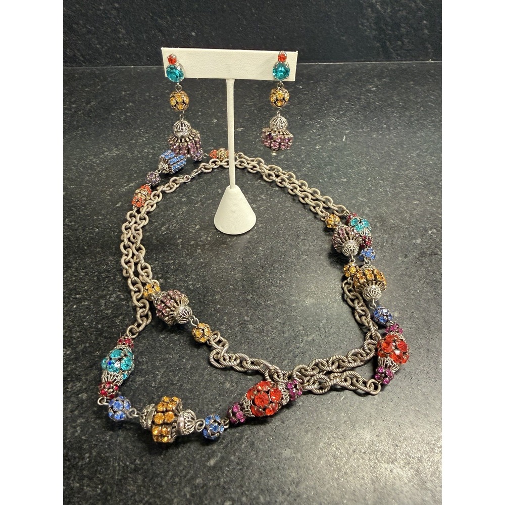 Rare Vintage Franck Herval Paris 50" Rhinestone Lantern Necklace Earring‎ Set